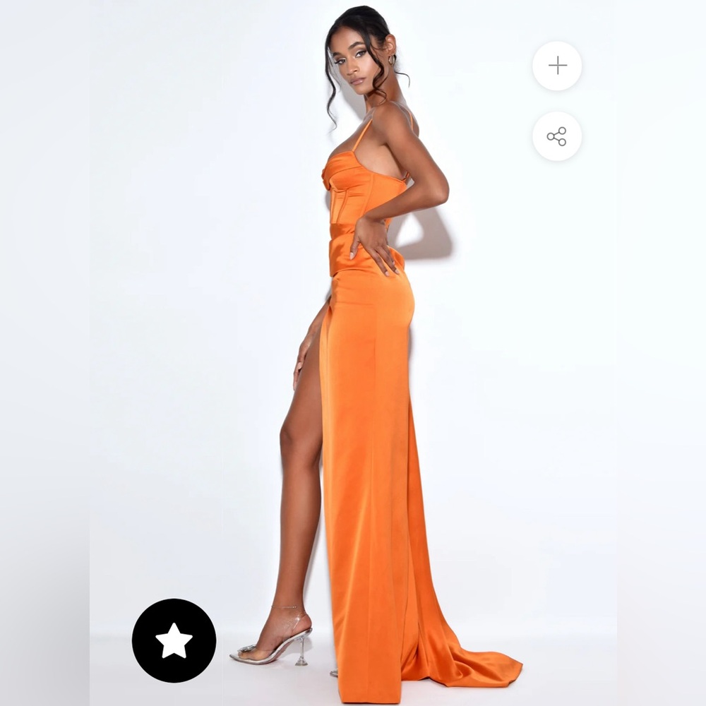 Elayna Orange Strappy Satin Corset High Slit Gown - Picture 3 of 10